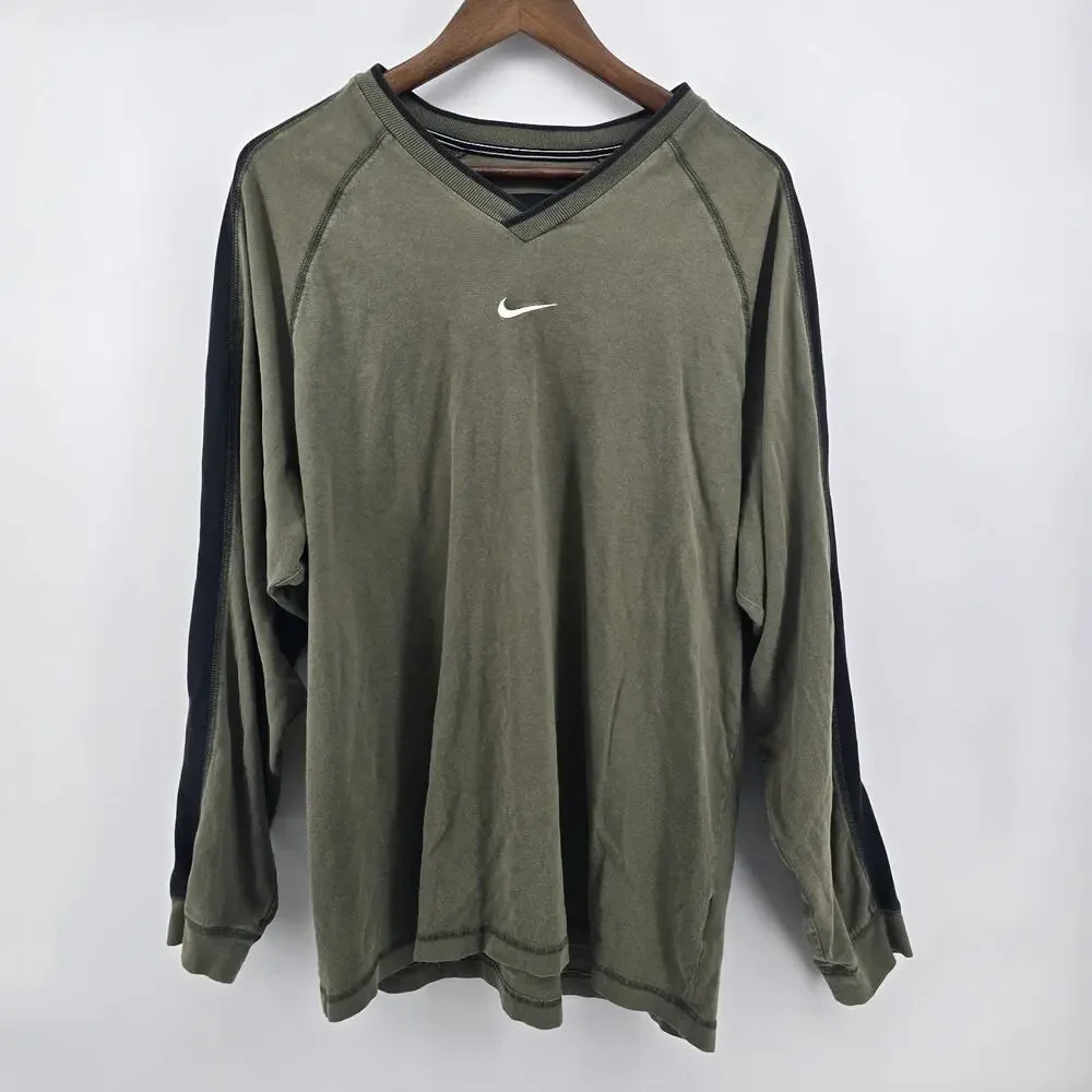 Vintage Nike Shirt‎ Mens L Green Center Swoosh Logo Y2K Long Sleeve Athletic